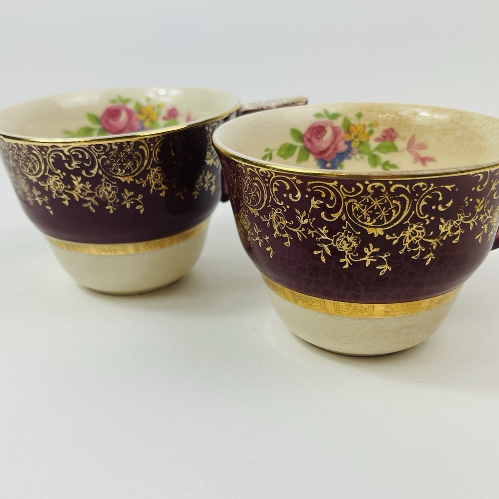Century by Salem Aristocrat‎ 23 Karat Gold 2 Tea Cups Floral Crazing Browning